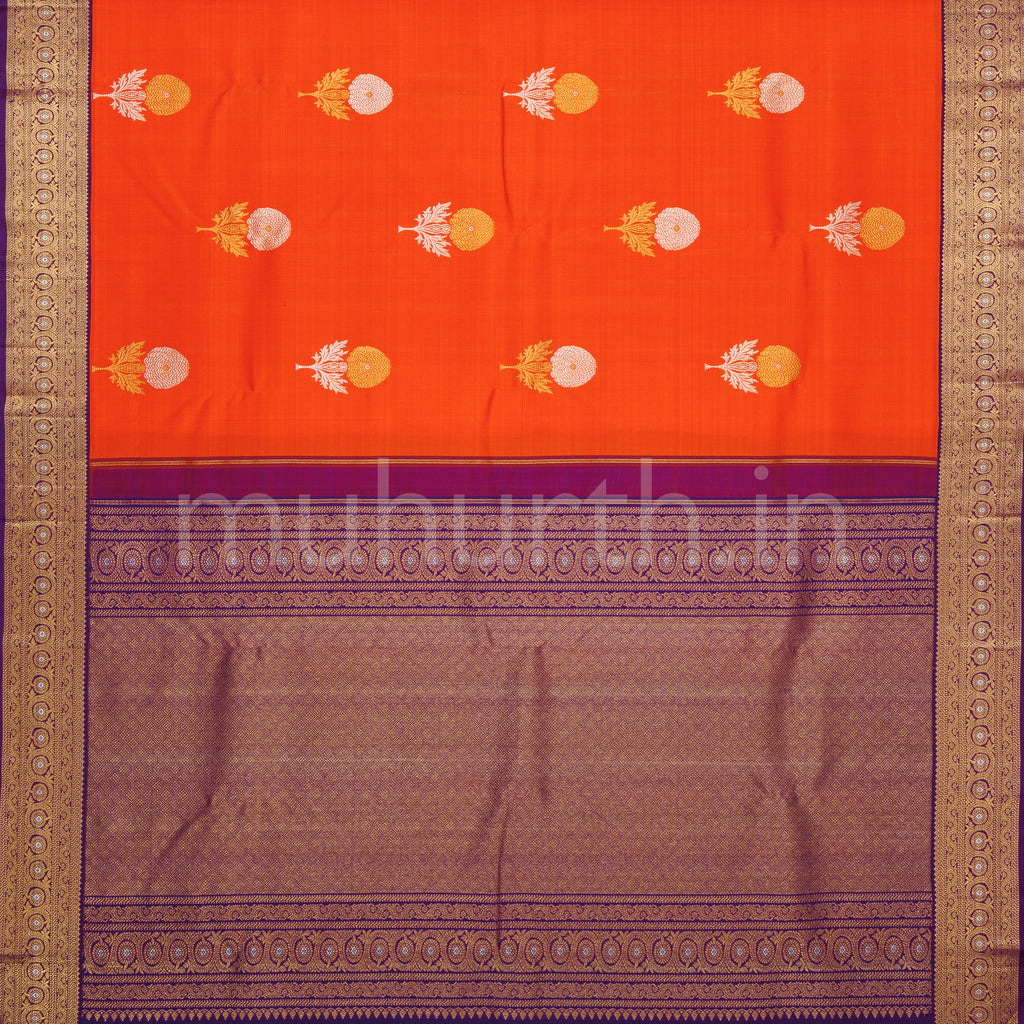 Orange Red Pure Kanjivaram Silk Saree with Dark Meenakshi