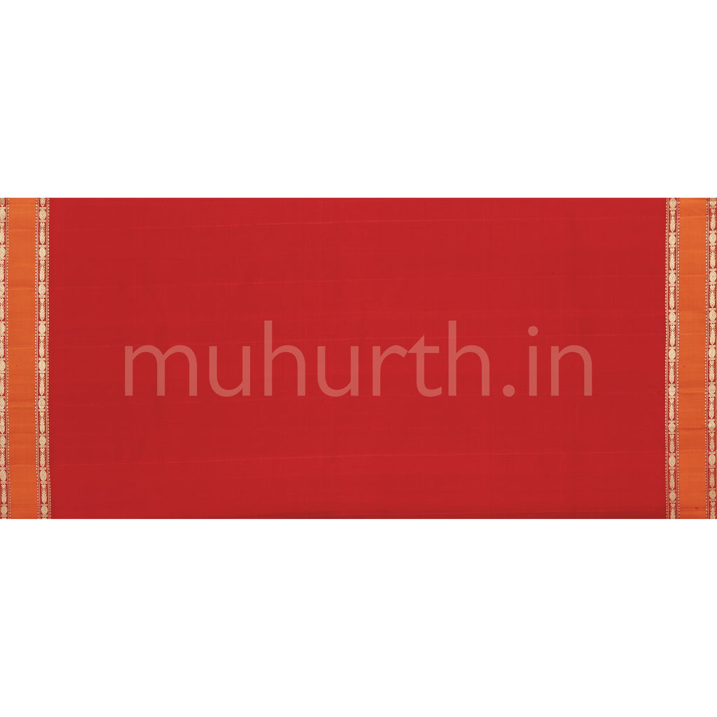 Peacock Blue Pure Zari Kanjivaram Silk Saree with Red Orange