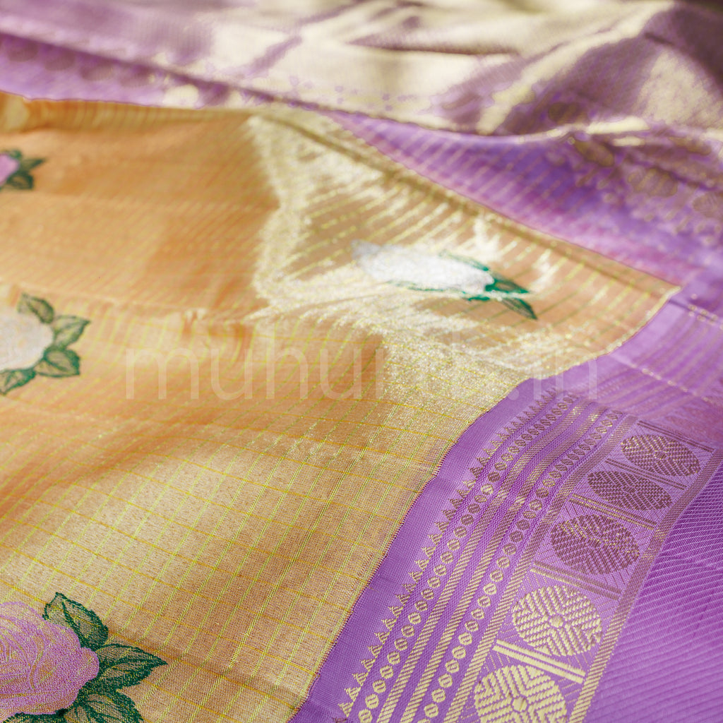 Light Peach Organza Tissue Kanjivaram Silk Saree with Lavender