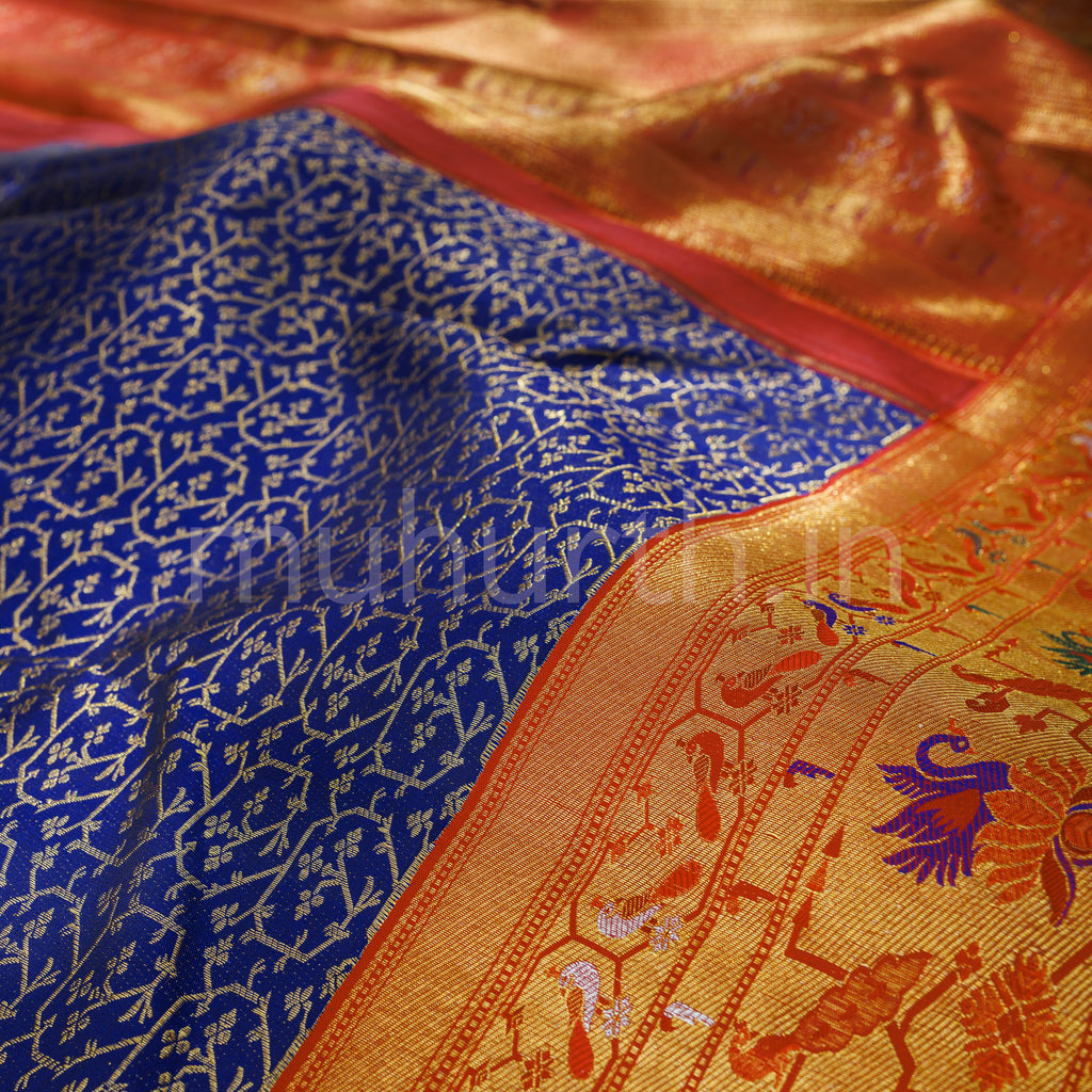 Violet Pure Kanjivaram Silk Saree with Bright Red