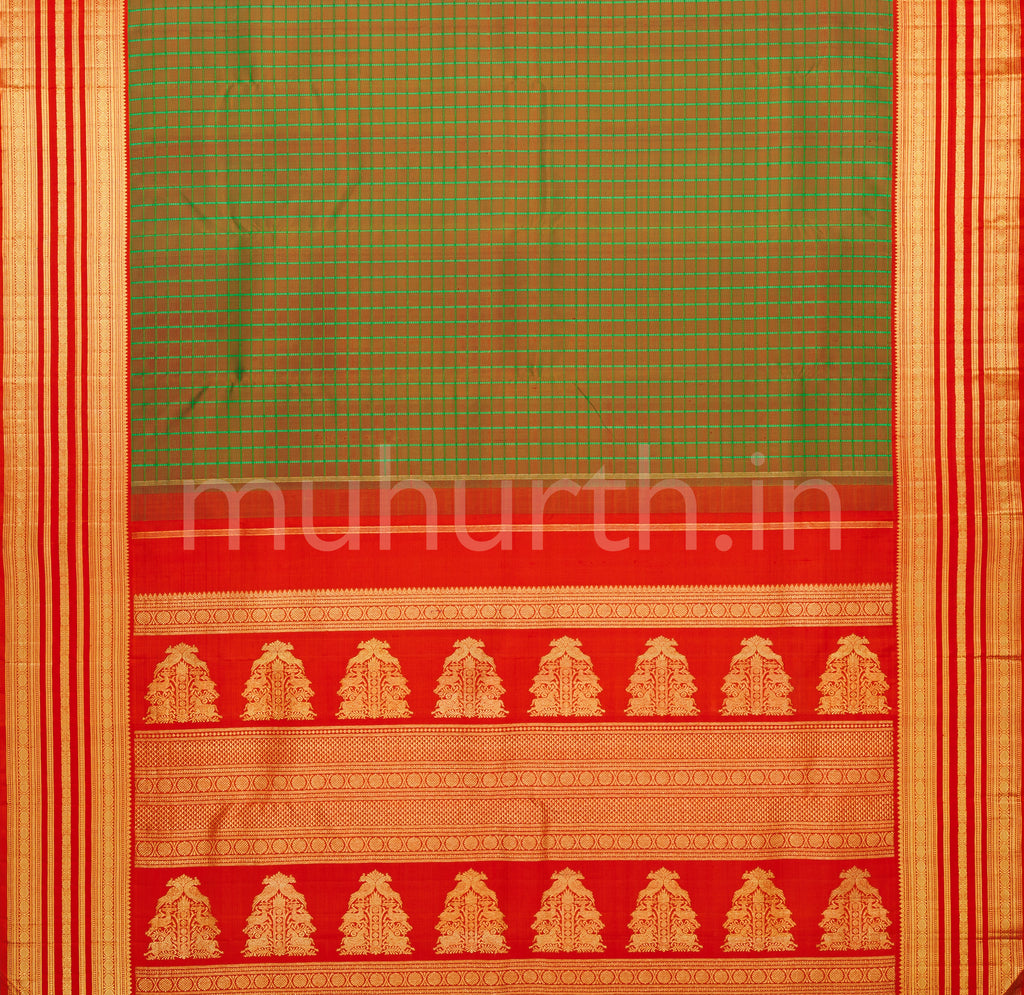 Brown Pure Zari Kanjivaram Silk Saree with Orange Red