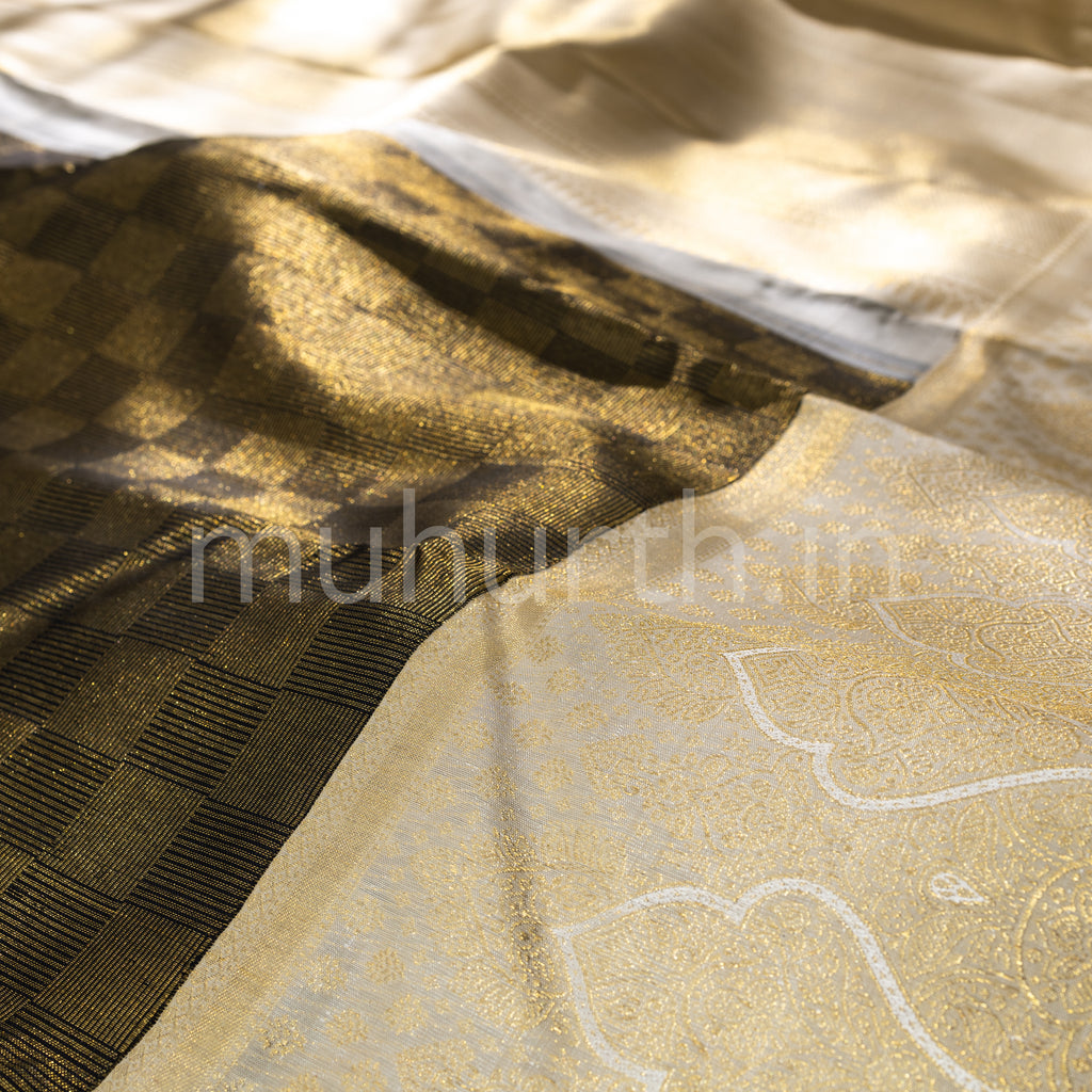 Black Kanjivaram Silk Saree with Tussar White