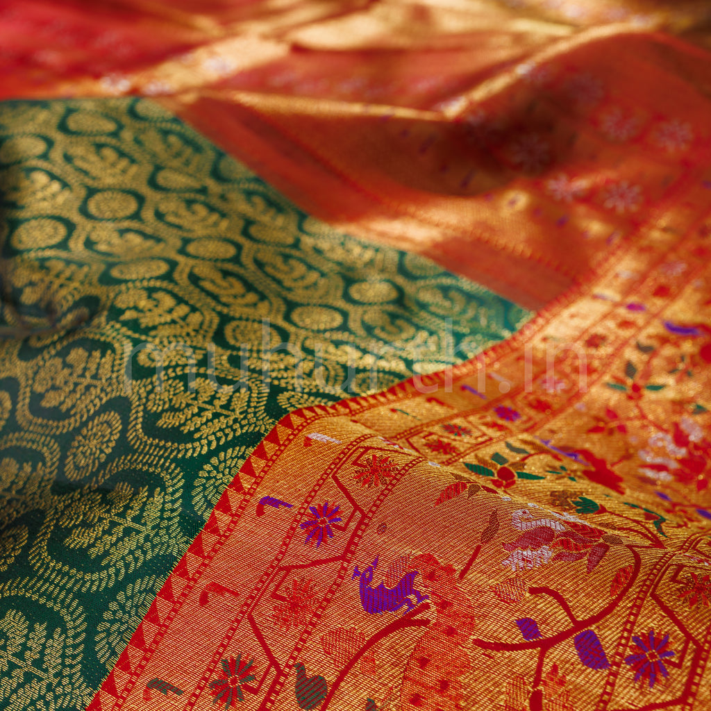 Green Pure Kanjivaram Silk Saree with Bright Red