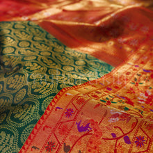 Load image into Gallery viewer, Green Pure Kanjivaram Silk Saree with Bright Red