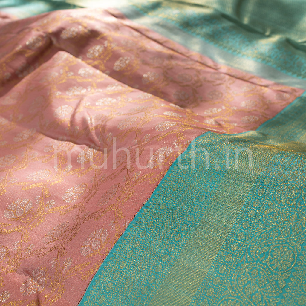 Peach Kanjivaram Silk Saree with Ananda Blue