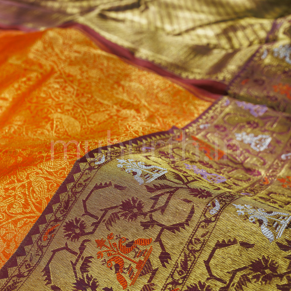 Orange Meenakari Pure Kanjivaram Silk Saree with Pakku
