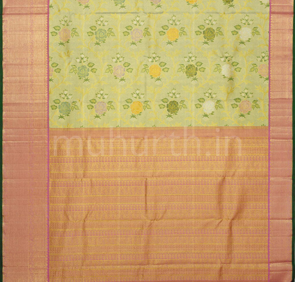 Pistachio Luxury Tissue Pure Kanjivaram Silk Saree with Pink