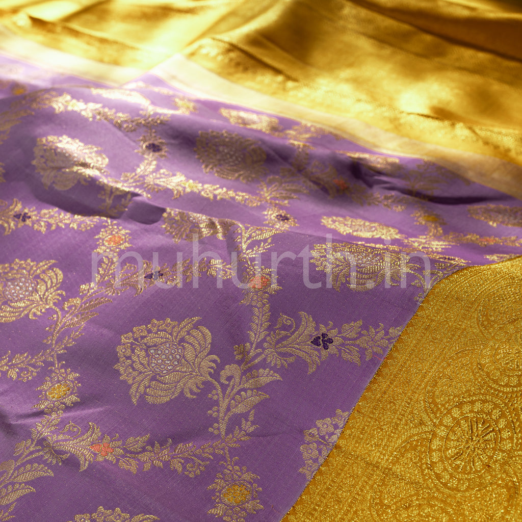 Lavender Meenakari Kanjivaram Silk Saree with Mustard Yellow