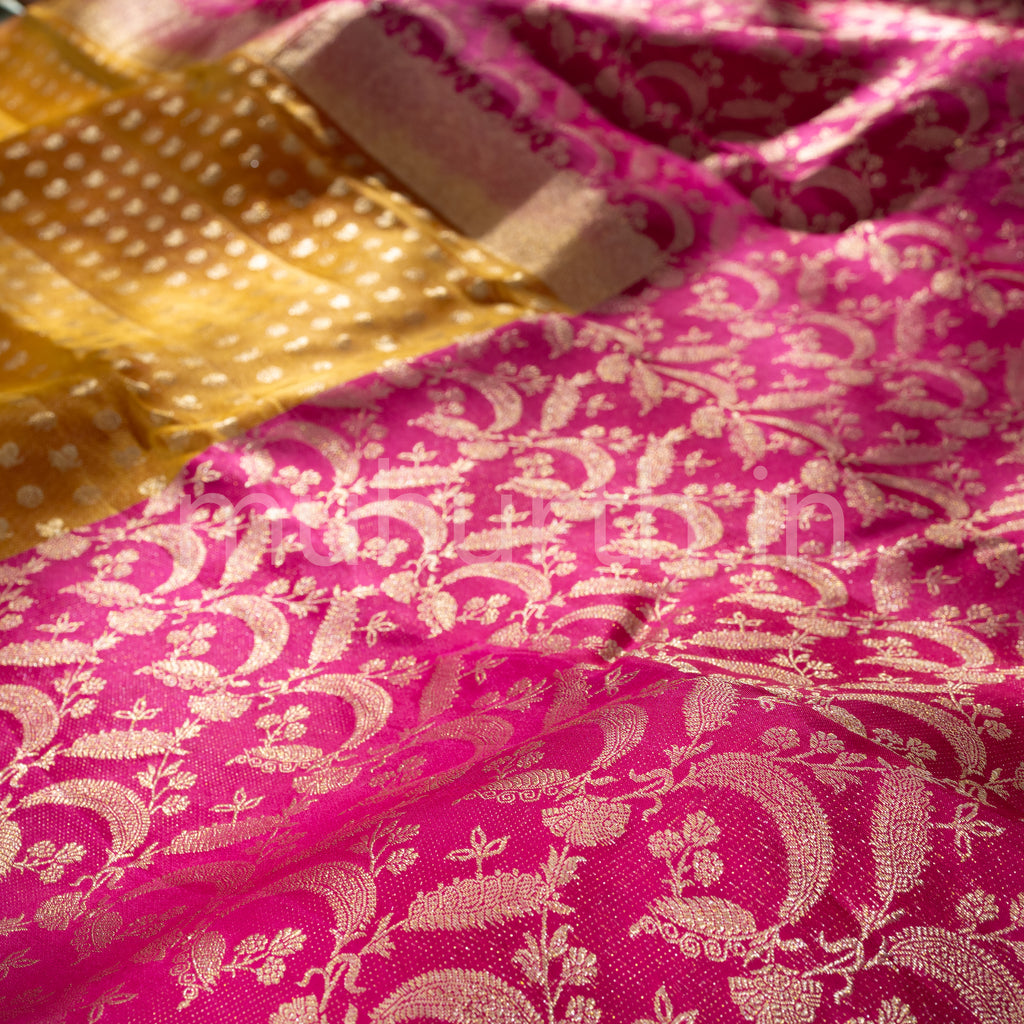 Golden Mustard Hand and Half Kanjivaram Silk Saree with Rose