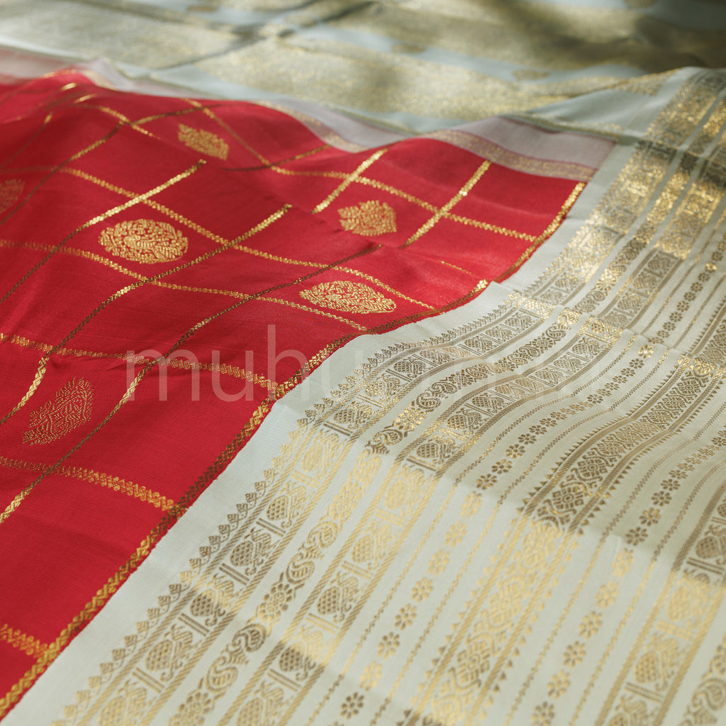 Red Pure Zari Kanjivaram Silk Saree with Cream