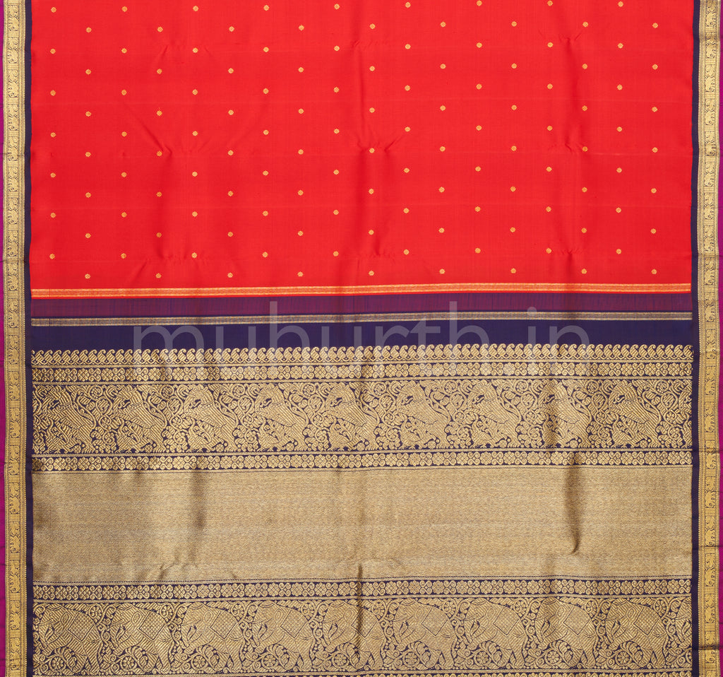 Bright Red Pure Zari Kanjivaram Silk Saree with Vijaya