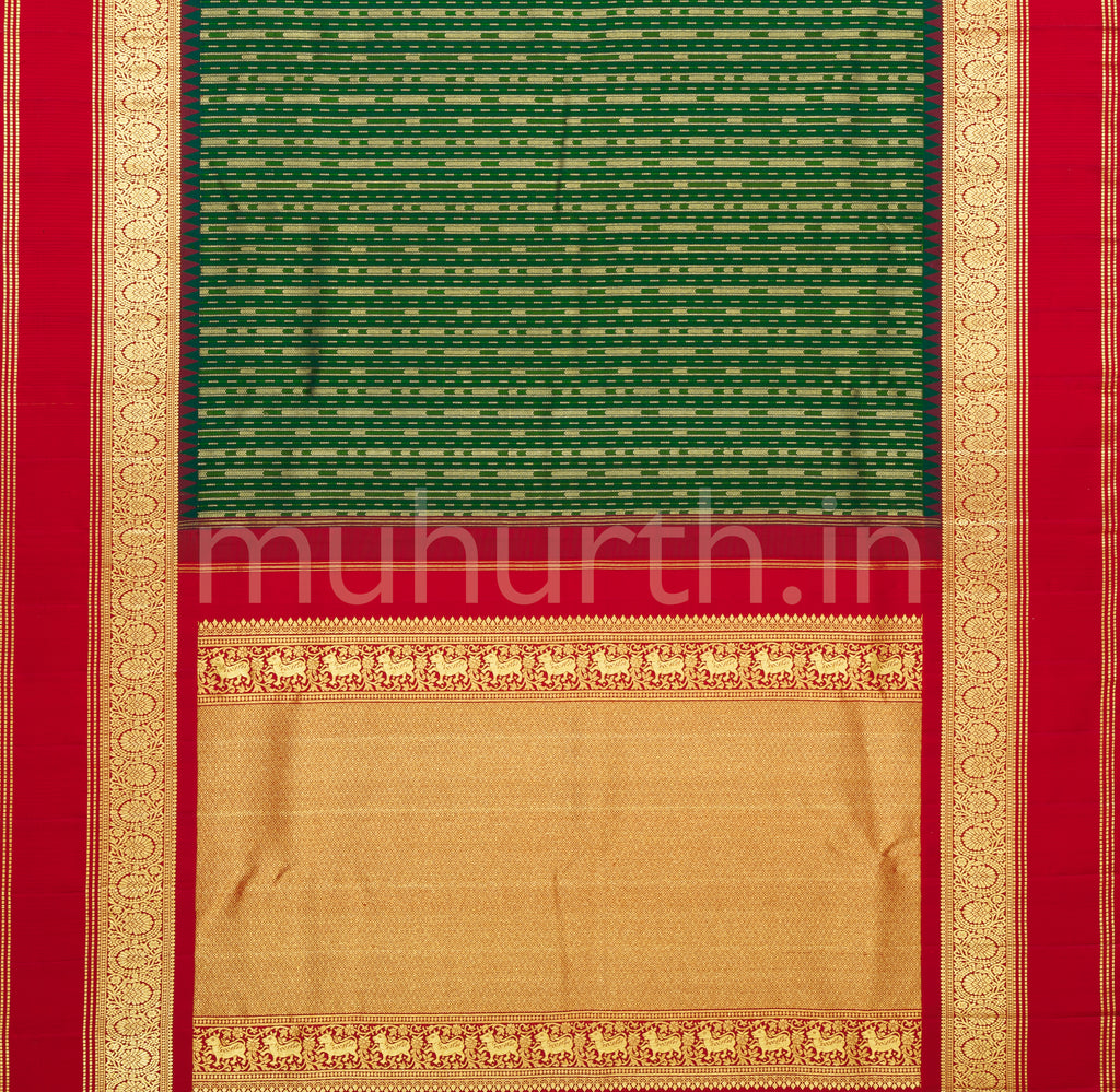 Dark Green Pure Kanjivaram Silk Saree with Bright Red