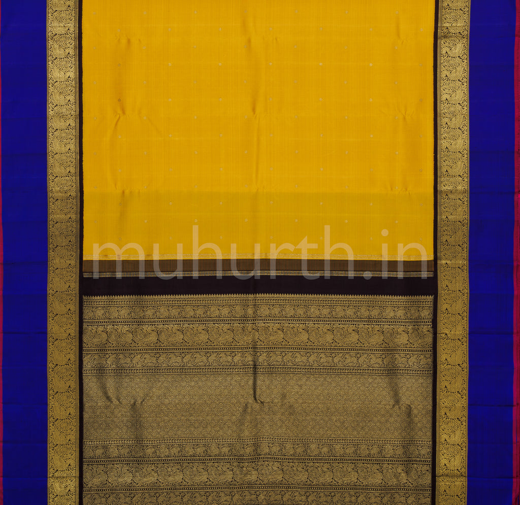 Golden Mustard Pure Zari Kanjivaram Silk Saree with Pakku and Violet