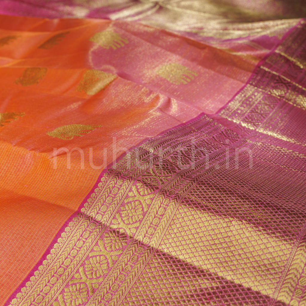 Salmon Orange Vaira Oosi Pure Kanjivaram Silk Saree with Pink