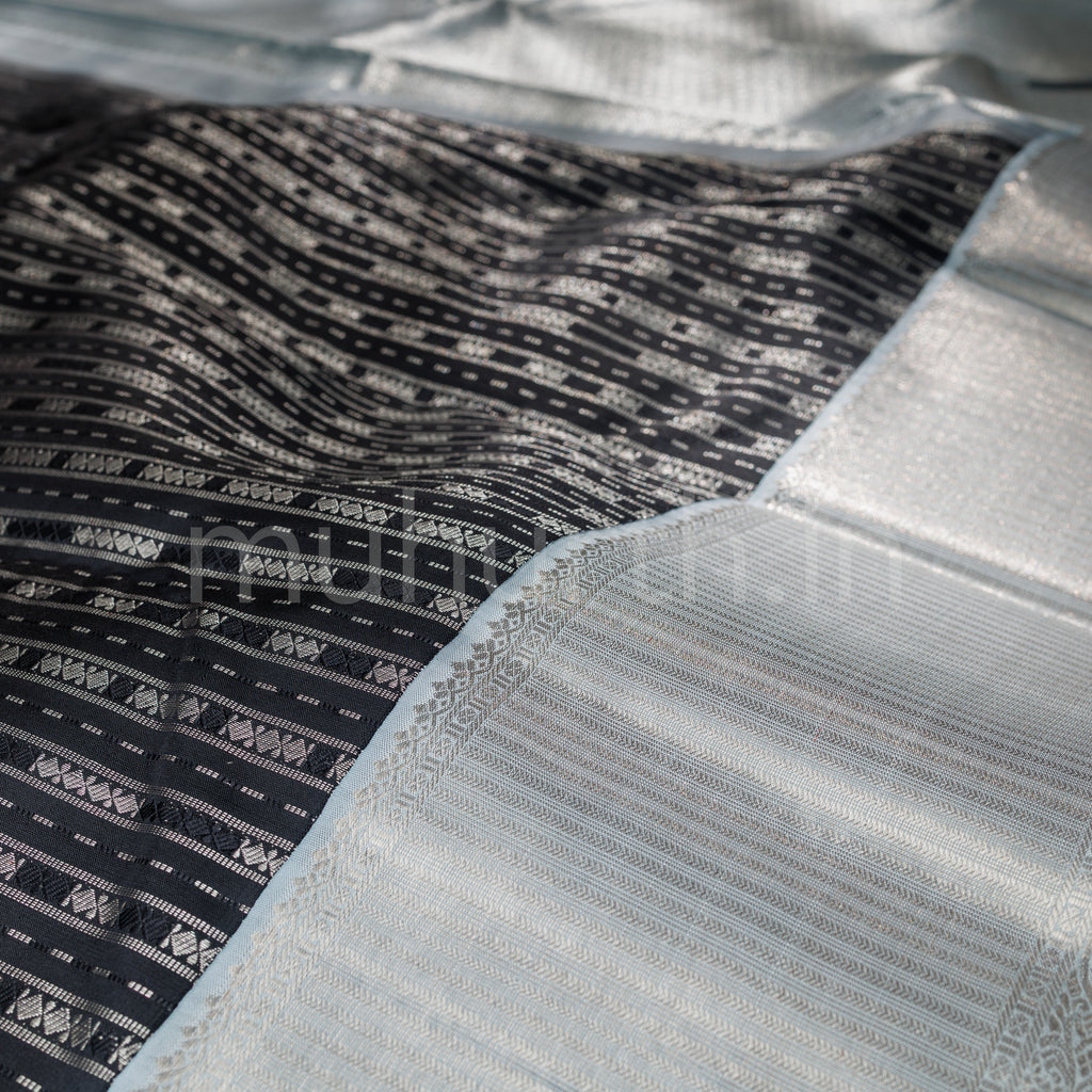 Black Pure Kanjivaram Silk Saree with Silver Grey