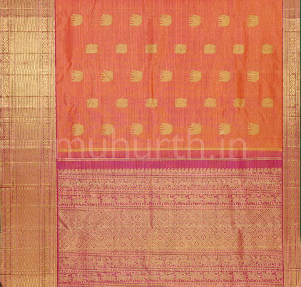 Salmon Orange Vaira Oosi Pure Kanjivaram Silk Saree with Pink