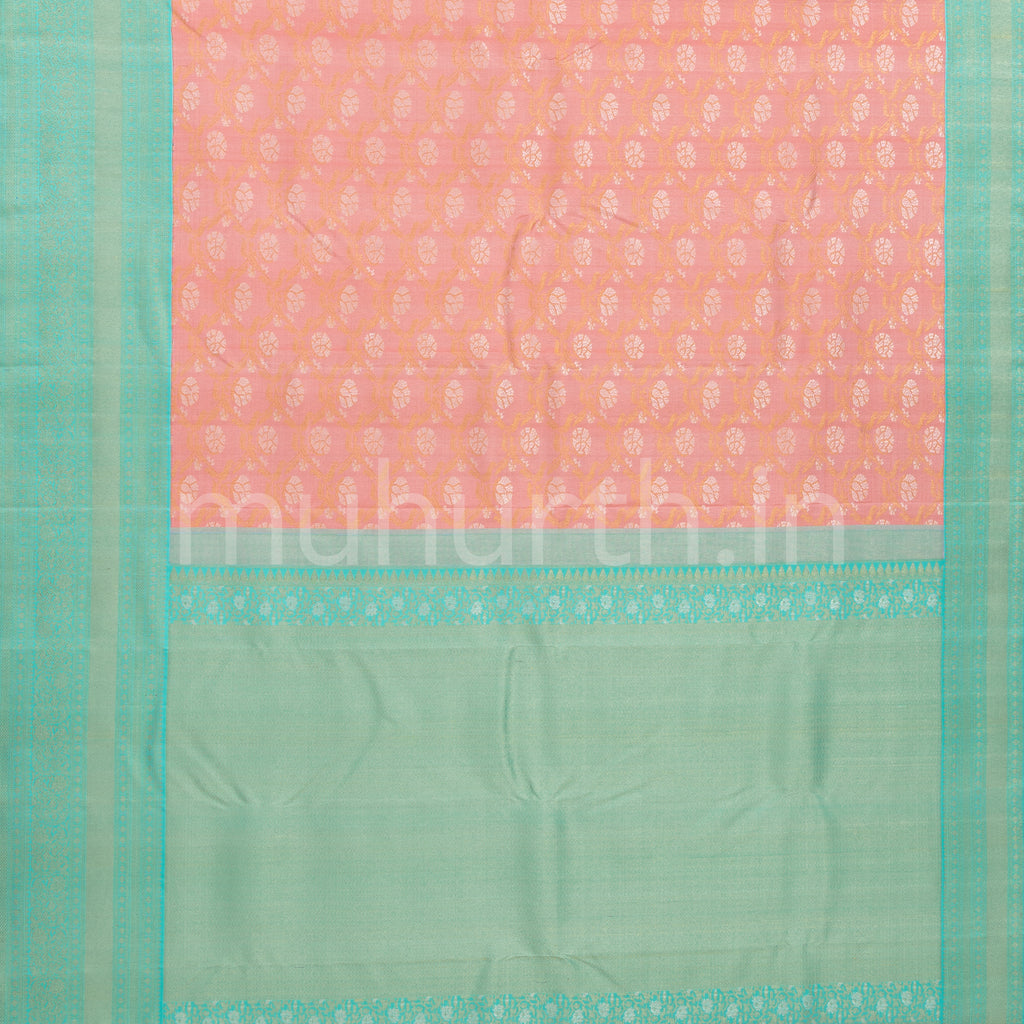 Peach Kanjivaram Silk Saree with Ananda Blue