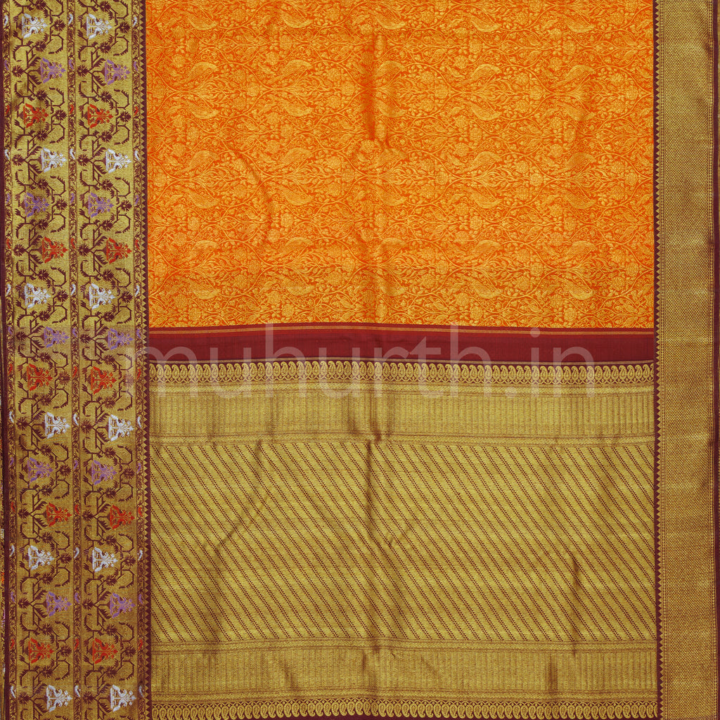 Orange Meenakari Pure Kanjivaram Silk Saree with Pakku