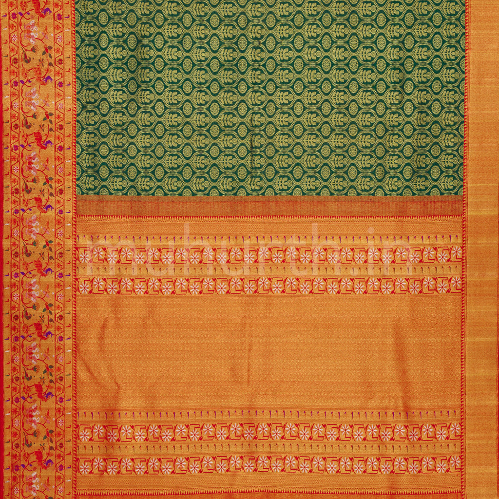 Green Pure Kanjivaram Silk Saree with Bright Red