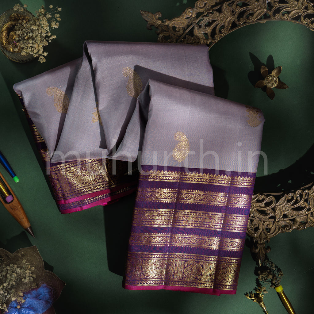 Mauve Pure Zari Kanjivaram Silk Saree with Magenta