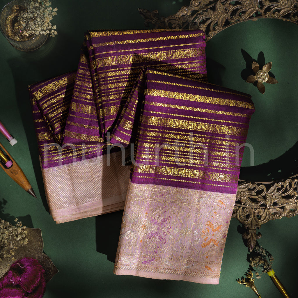 Magenta Veldhari Kanjivaram Silk Saree with Peach