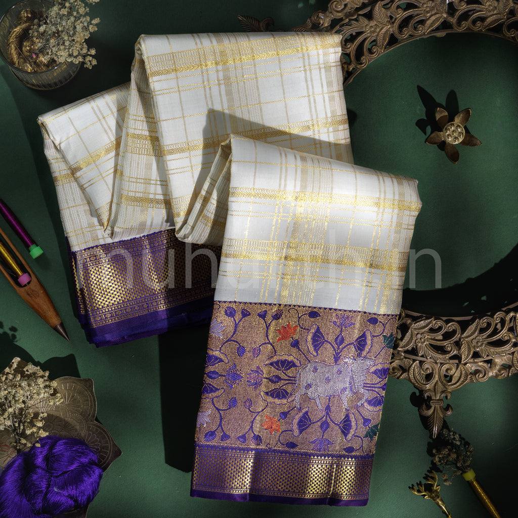Off-White Pure Meenakari Kanjivaram Silk Saree with Meenakshi