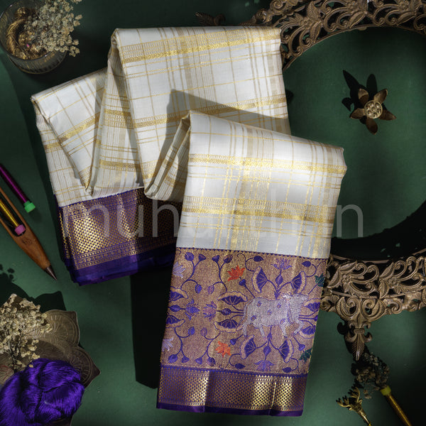 Off-White Pure Meenakari Kanjivaram Silk Saree with Meenakshi