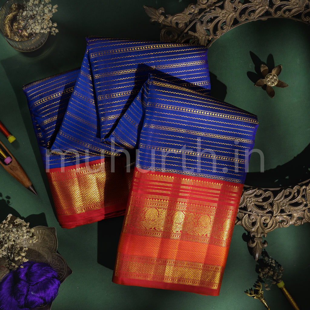 Violet Veldhari Kanjivaram Silk Saree with Bright Red