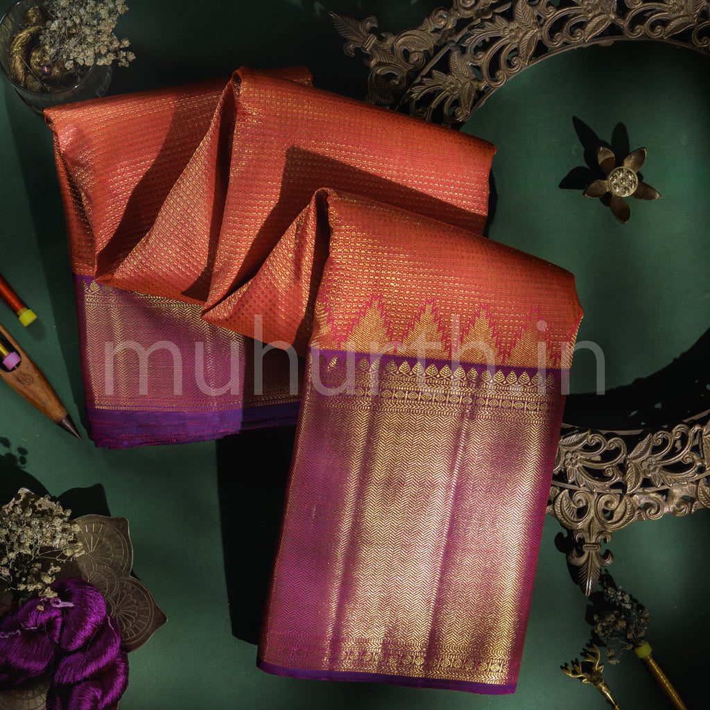 Orange Rose Pure Kanjivaram Silk Saree with Magenta