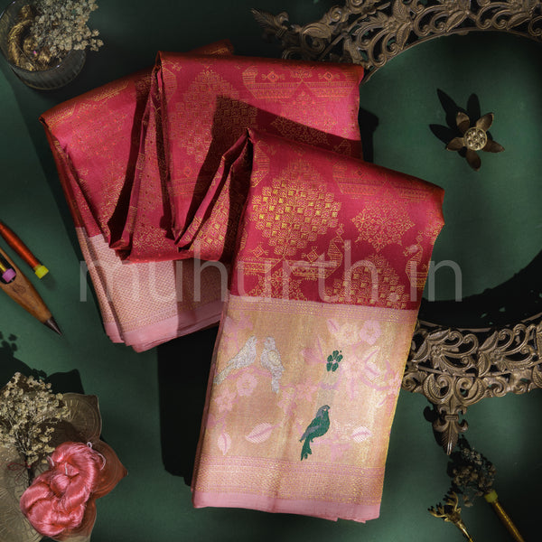 Rose Meenakari Kanjivaram Silk Saree with Pink