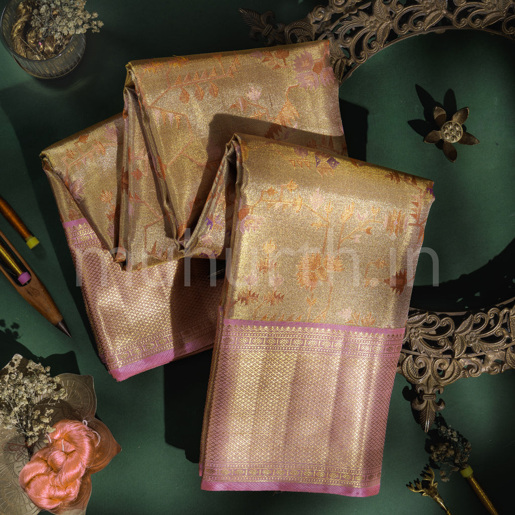 Premium Tissue Jamdani Meenakari Kanjivaram Silk Saree with Pink