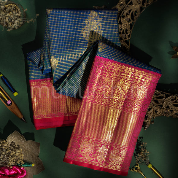 Peacock Green Pure Kanjivaram Silk Saree with Rani Rose