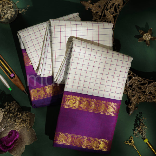 Off-White Pure Kanjivaram Silk Saree with Magenta