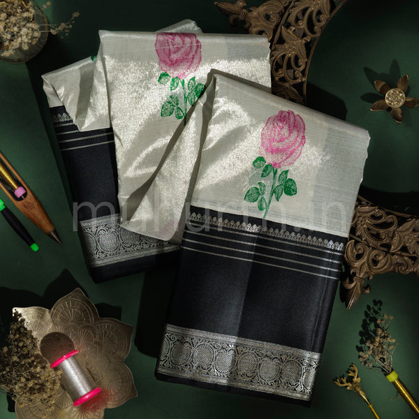 Off-White Pure Organza Kanjivaram Silk Saree with Black