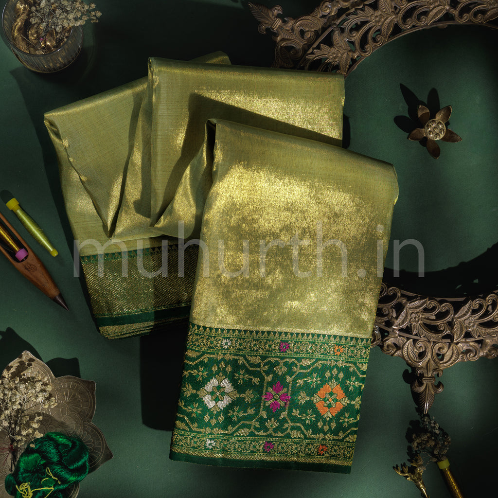 Light Elaichi Organza Tissue Kanjivaram Silk Saree with Deep Green