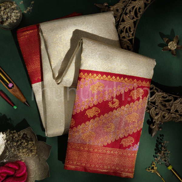 Off-White Pure Rangkat Kanjivaram Silk Saree with Red