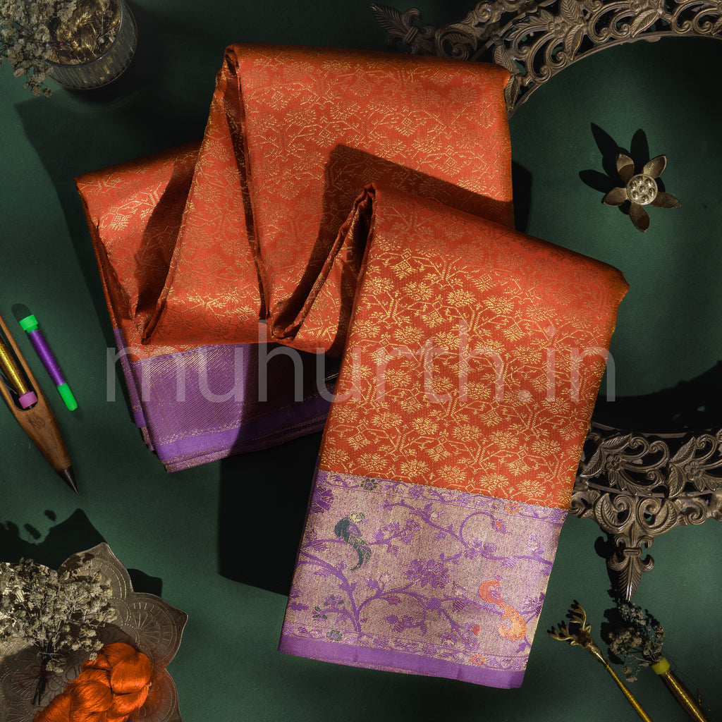 Deep Orange Meenakari Kanjivaram Silk Saree with Lavender