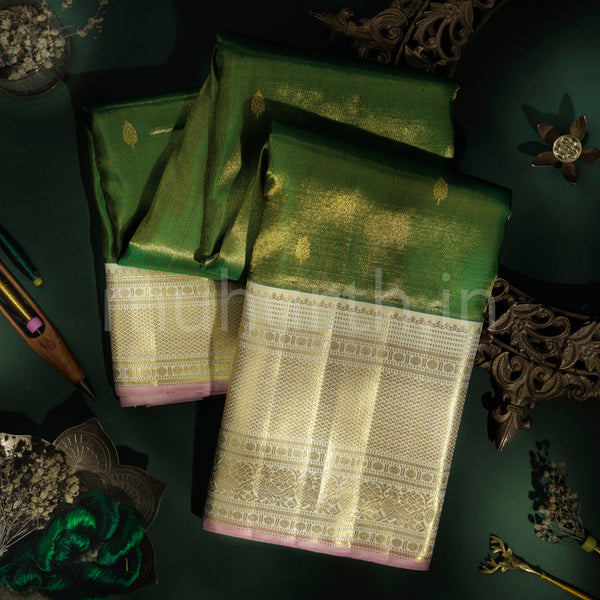 Green Pure Organza Kanjivaram Silk Saree with Off-White