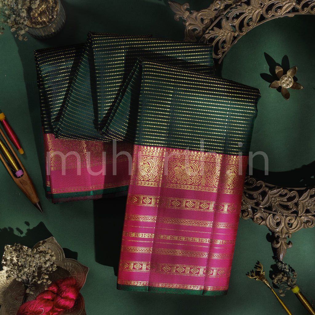 Deep Green Kanjivaram Silk Saree with Rose
