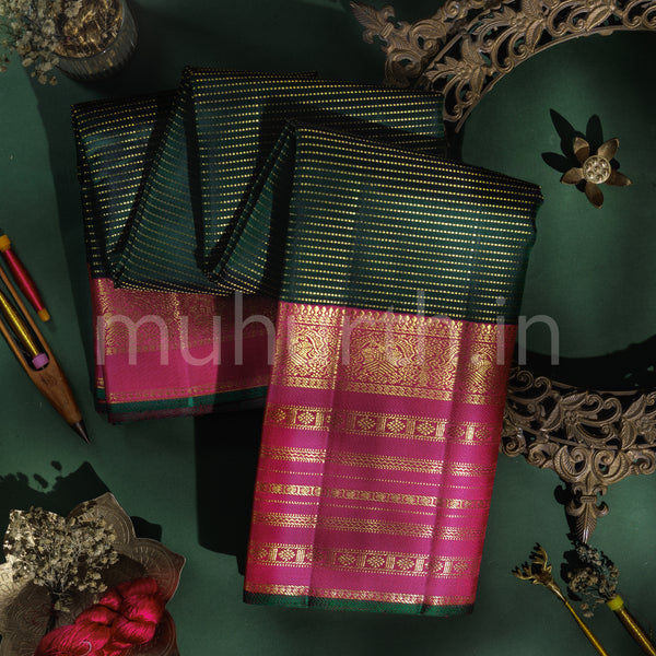 Deep Green Kanjivaram Silk Saree with Rose