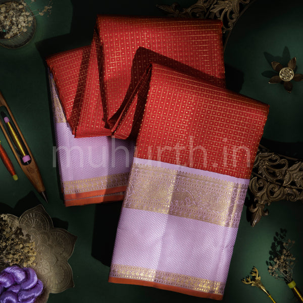 Red Pure Zari Kanjivaram Silk Saree with Lilac