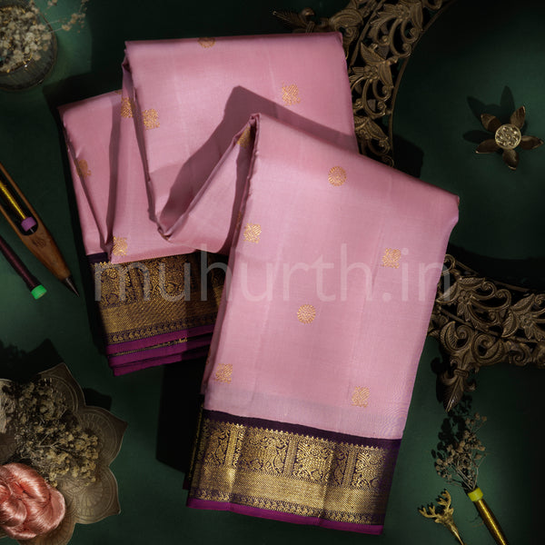 Light Pink Pure Zari Kanjivaram Silk Saree with Vijaya