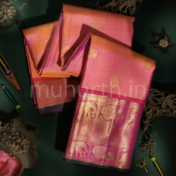 Peach Pure Vaira Oosi Kanjivaram Silk Saree with Rose