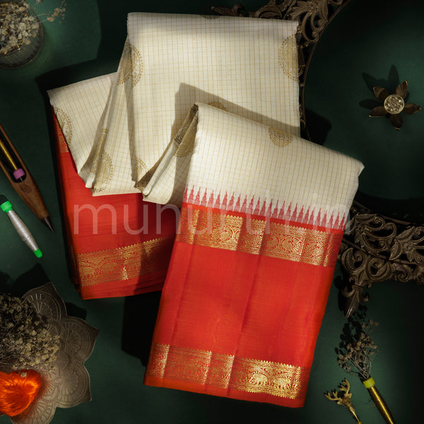 Off-White Pure Kanjivaram Silk Saree with Orange