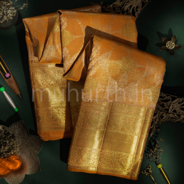 Light Carrot Pure Tissue Kanjivaram Silk Saree