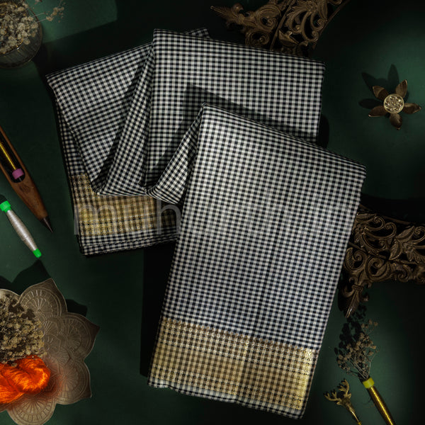 Black & White Checks Pure Zari Kanjivaram Silk Saree