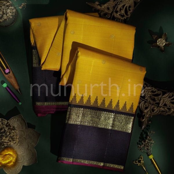 Mustard Pure Zari Kanjivaram Silk Saree with Pakku