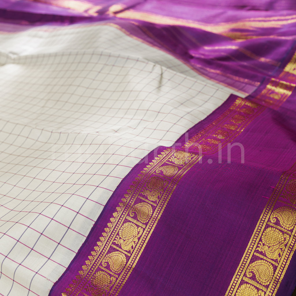 Off-White Pure Kanjivaram Silk Saree with Magenta