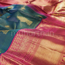 Load image into Gallery viewer, Peacock Green Pure Kanjivaram Silk Saree with Rani Rose