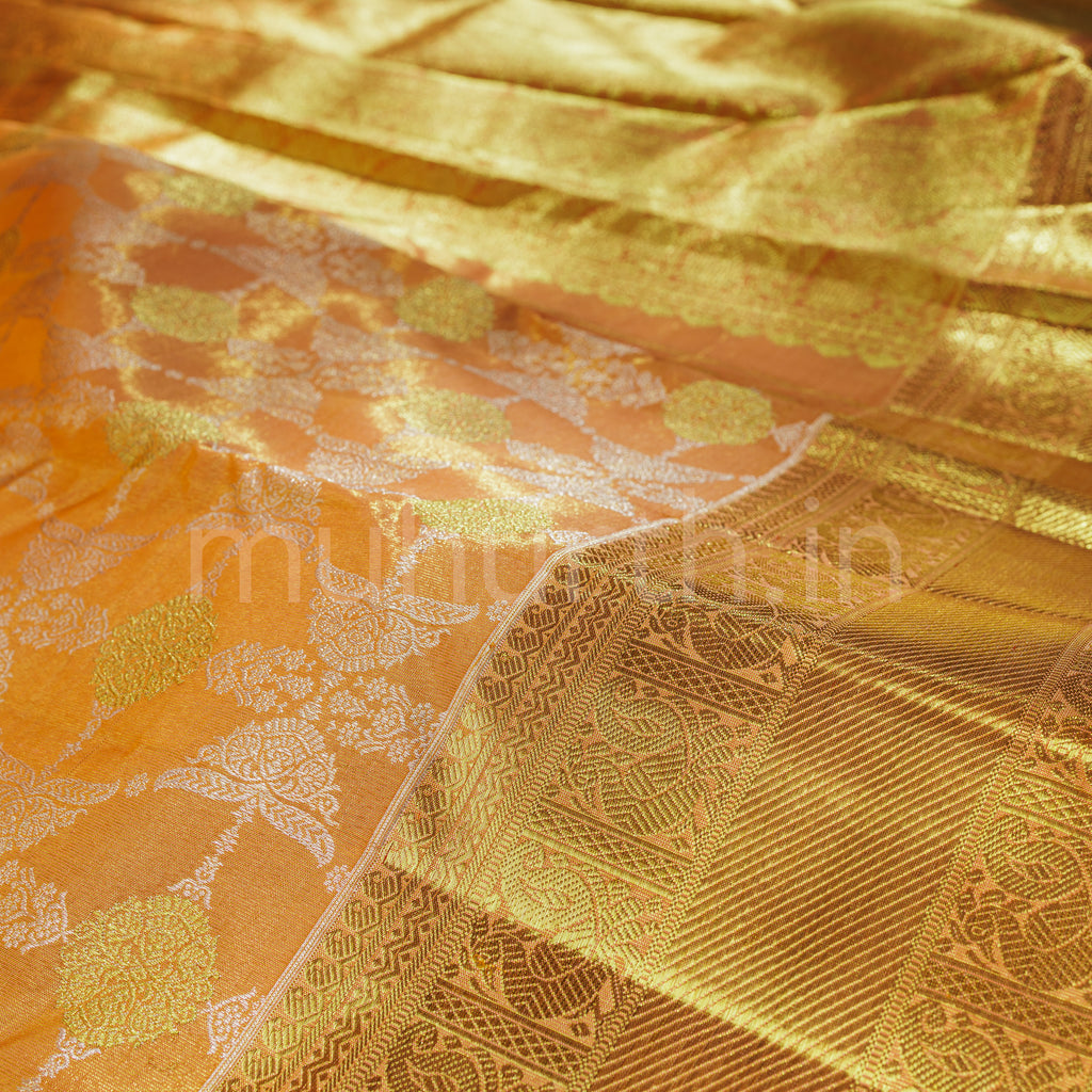 Light Carrot Pure Tissue Kanjivaram Silk Saree